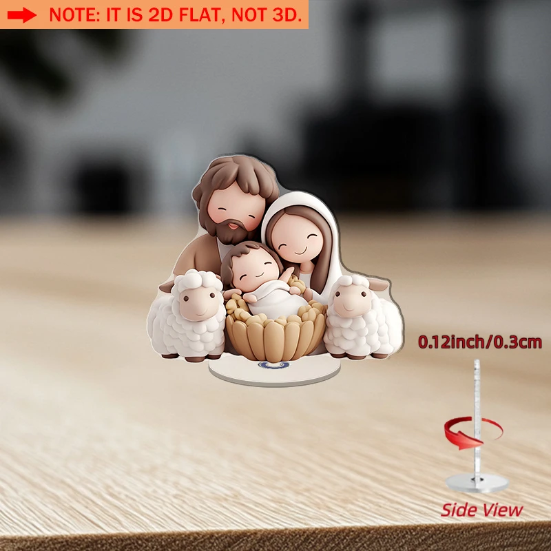 2D Flat, 2D Flat 1pc 360° Rotating Acrylic Nativity Scene Ornament - 2D Flat Design Featuring Baby Jesus in the Manger with Mary
