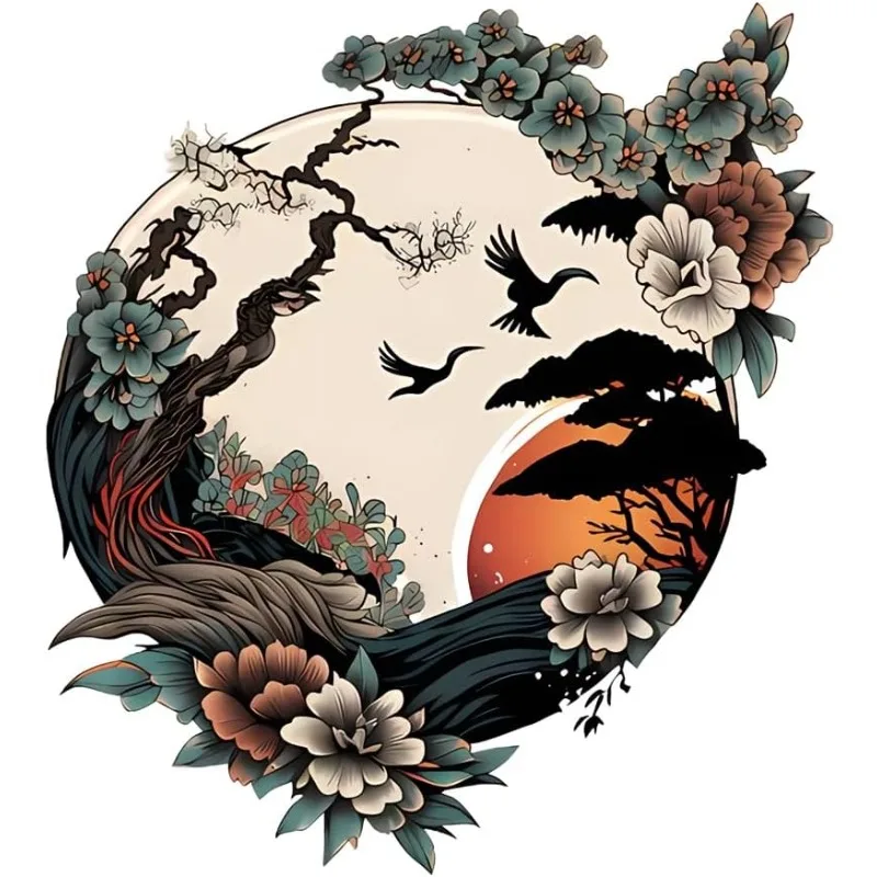 Round Vintage Sunset Pine Bird Floral Vinyl Sticker Anime Otaku Cute Cartoon Decal for Car Body Motorcycle Fridge Luggage Decor