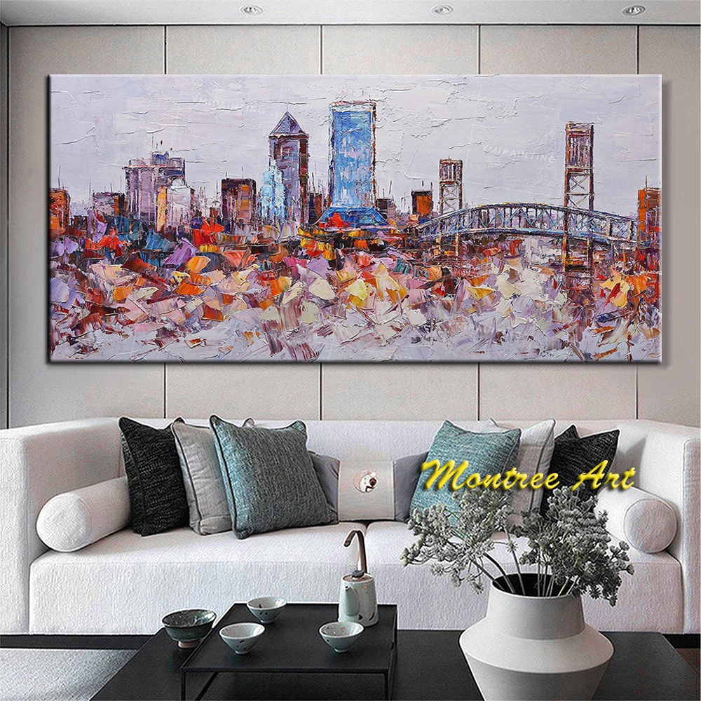 Handmade Oil Painting Skyline Wall Art City Oil Painting Canvas Original Art Framed Painting Abstract Palette Knife Painting