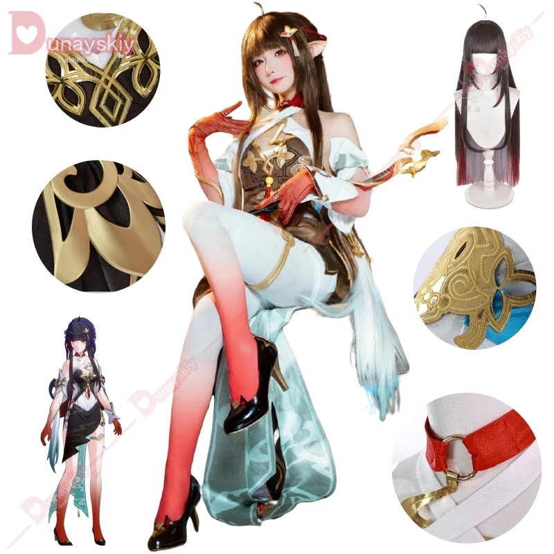 Honkai Star Rail Lingsha Cosplay Costume Wig Dan Zhu Dress Uniform Headwear The Xianzhou Luofu Halloween Party for Women