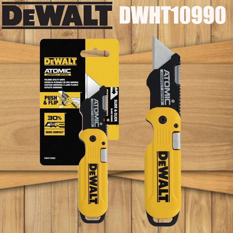DEWALT ATOMIC Compact Folding Utility Knife DWHT10990, Push-and-Flip Flip-to-Open 30% Compact Design with Integrated Tether Hol