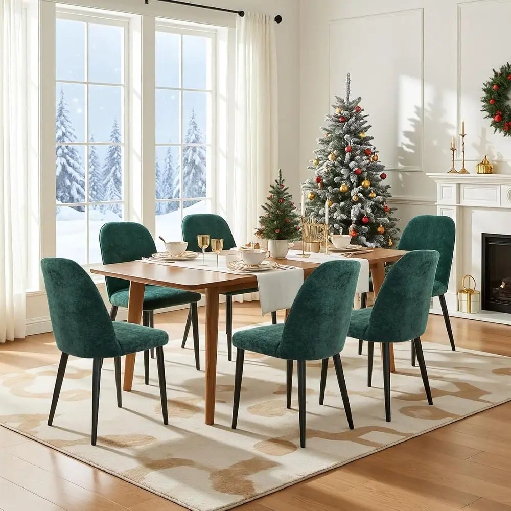 

Set of 6 Green Chenille Upholstered High-Back Padded Dining Chairs with Metal Legs for Kitchen, Dining Room, Restaurant, and Hot