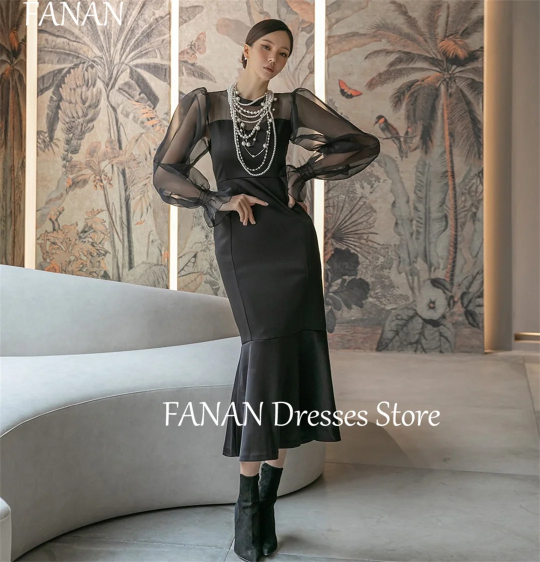 

FANAN O-Neck Ruched Black Fashion Evening Party Dresses Puff Sleeves Japan Satin Sheath Women Gowns Event Prom Gowns Customized