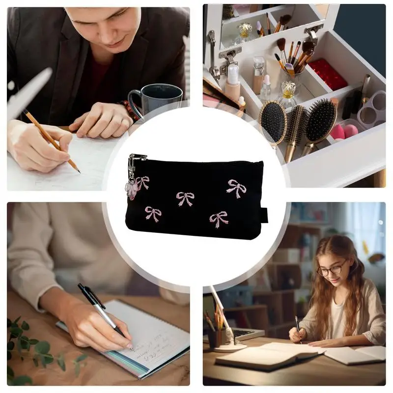 Stationery Storage Case Zipper Embroidery Bow Pencil Bag Exquisite Sewing Process Pencil Pouch For High School Middle School