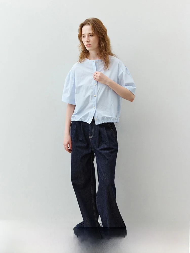 

Pure Cotton Single-Button round Neck Shoulder-Drift Shirt Women's Summer New Style Simple Match All Cotton Breathable Short S...