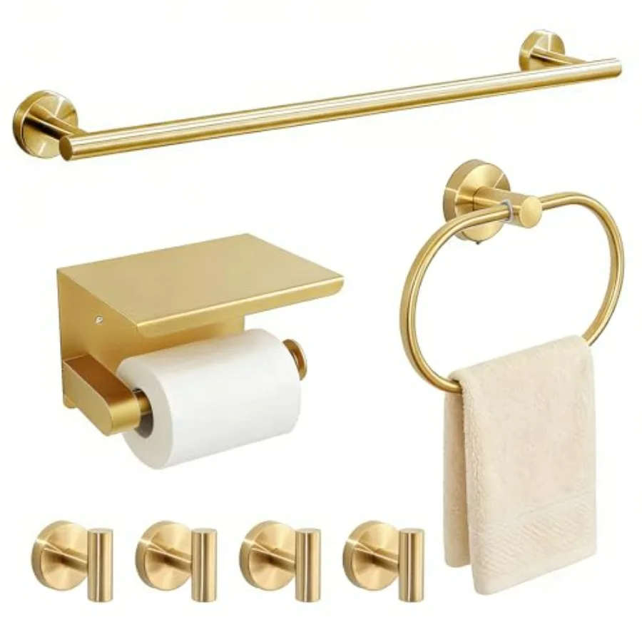 

Bathroom hardware set: SUS304 stainless steel, golden finish, wall-mounted 7-piece including 25.9-inch towel bar, ring, toilet
