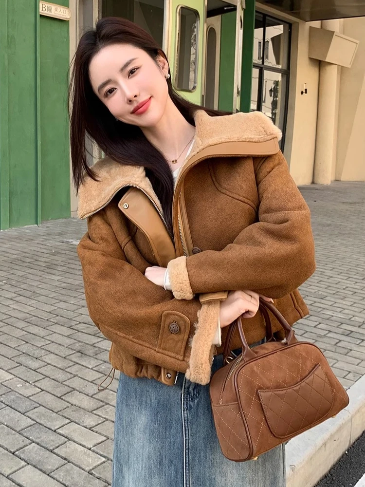 High-end Luxury Merino Sheep Fur Winter Suede Coats for Women Vintage Simple Short Real Fur Genuine Leather Motorcycle Jackets