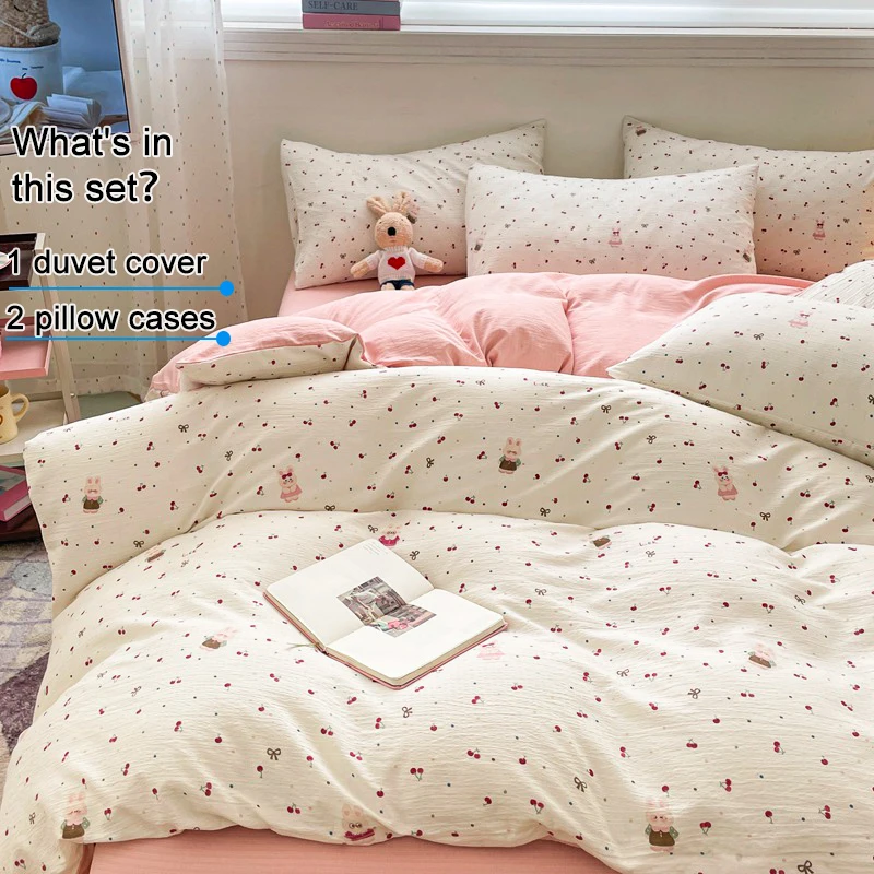 Double Layer Yarn Woven Microfiber Duvet Cover Set Cute Cartoon Bedding Set 1 Duvet Cover + 2 Pillowcases Bedroom Decor