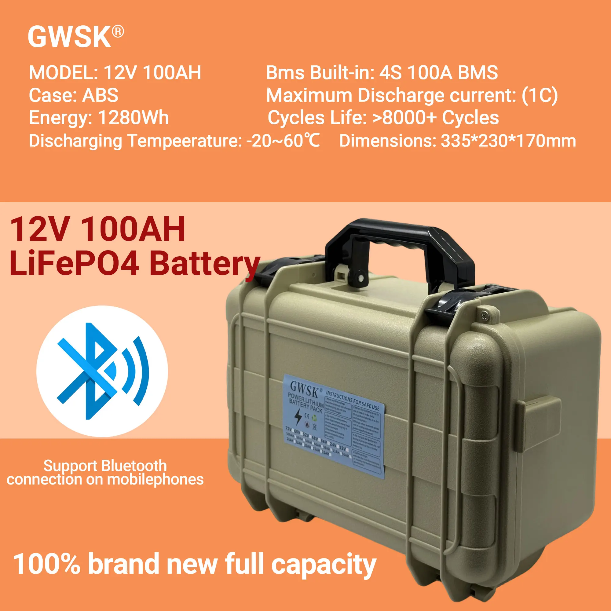 

Full capacity12V new lithium iron phosphate batterY 100AH air freight, can be connected to Bluetooth,100% full capacity+BMS100AH