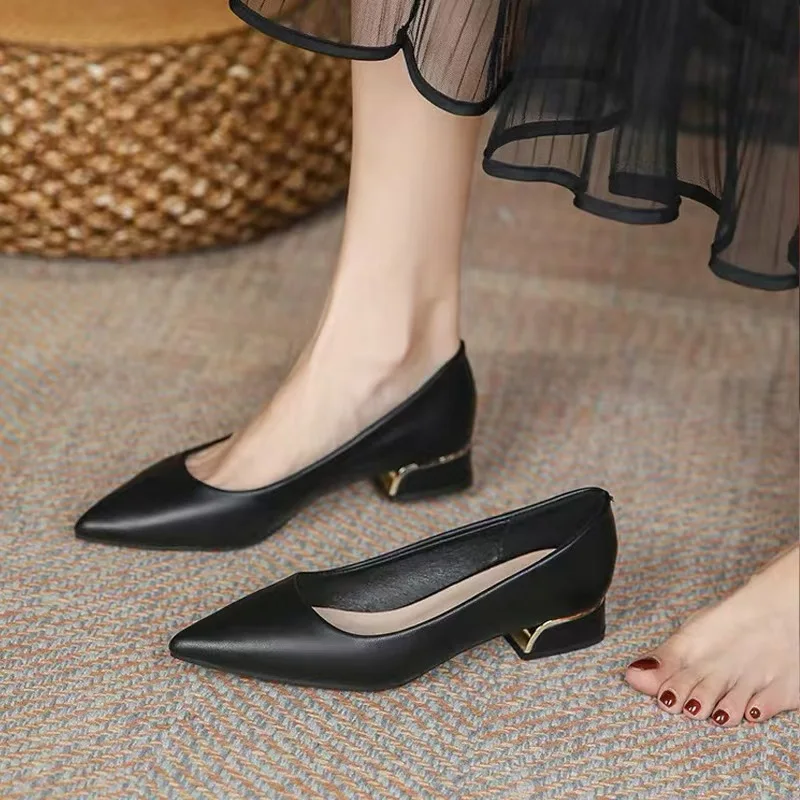 

3cm Chunky Heeled Women Shoes Square Heel Leather Shoes Pumps Zapatos De Mujer Fashion Designer Office Ladies Single Shoe