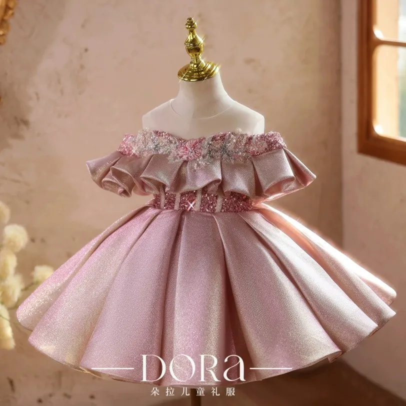 Mädchen Rosa Glitzer Festkleid Kinder Pailletten Ballkleid Geburtstagsfeier Klavier Aufführung Blumenmädchenkleider A5098 – Detail 4