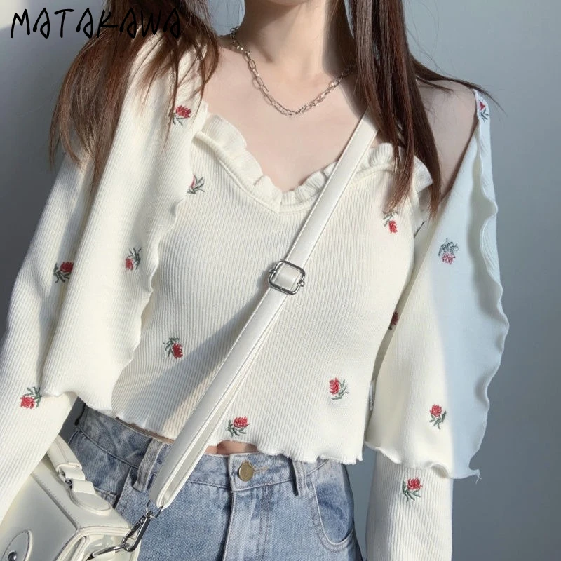 

Короткие кардиганы Matakawa с цветочной вышивкой, комплект из 2 предметов, осень-зима, женские свитера в японском стиле, милая мода Sueter Mujer