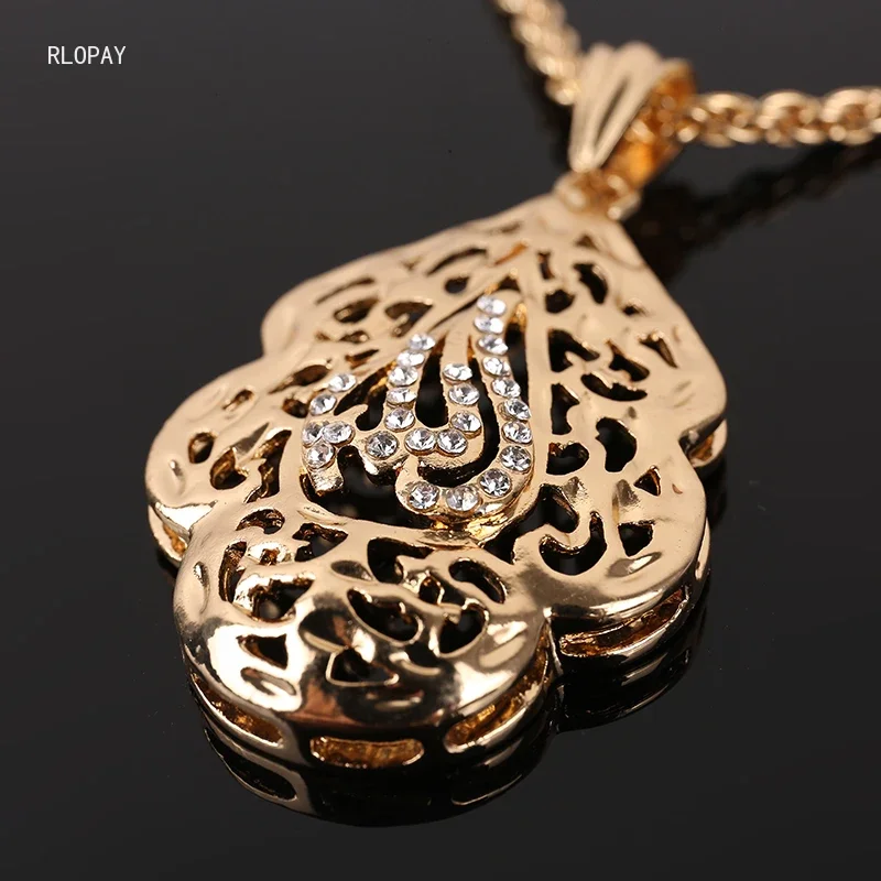 Arabic Royal Allah Pendant Gold Color Long Chain Necklace Pendant  Women Crystal Pendant Mulism Bridal Jewelry Pendants