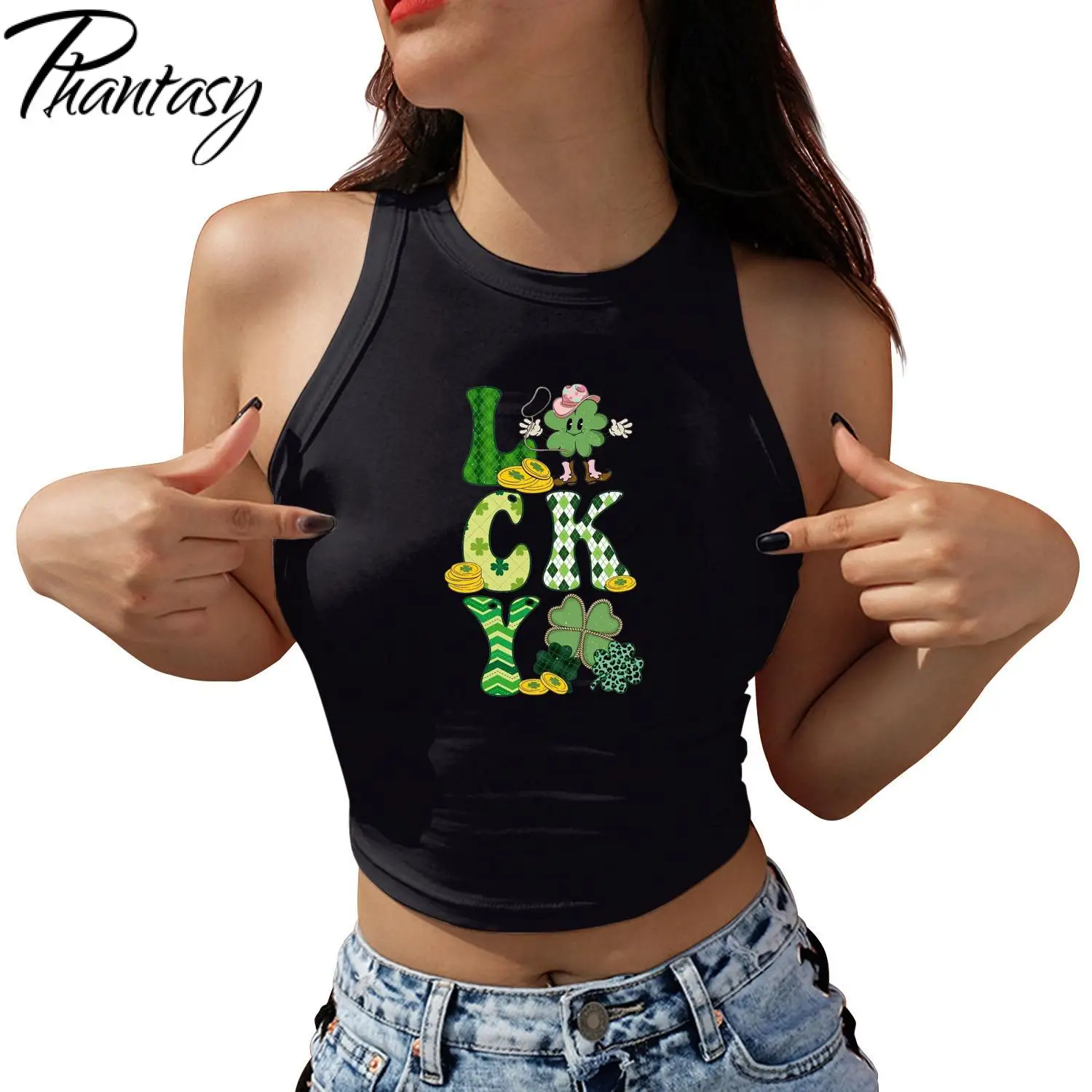 Phantasy St Patrick's Day Love Letter Lucky Printed Crop Tops Women Sleeveless Shirt Summer Harajuku Female Casual Y2K Tank Tops