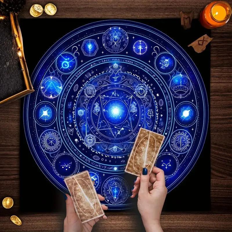 Tarot Altar Cloth Blue Glow Sacred Geometry Pentacle Astrology Divination Mat for Wicca Witchcraft Tarot Reading Ritual Decor
