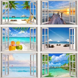 Blue Healing Sea View Window Seascape Wall Sticker Peel and Stick Home Decorative Coconut Tree Beach House Children Wall Decal