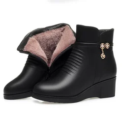 Wedges Heel Women Boots 2024 Winter Thick Plush Lined Soft Leather Women Snow Boots Large Size Women Winter Shoes