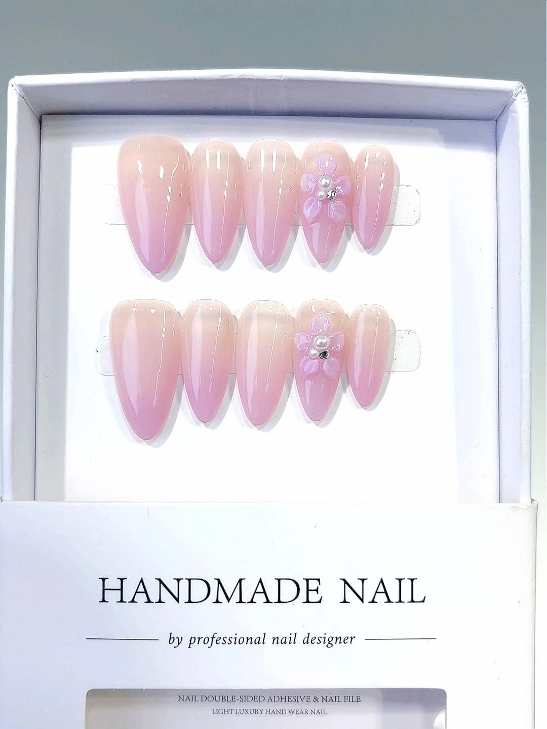 الوردي أومبير 3D زهرة اللؤلؤ حجر الراين اللوز الصحافة على الأظافر، مجموعة الأظافر كاذبة اليدوية للنساء (C444)