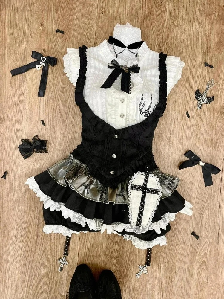 여름 달콤한 프레피 스타일 2피스 세트 여성 Y2K 카와이 로리타 디자인 탑 + 하이웨이스트 시크 스커트 여성 프린세스 레트로 의상