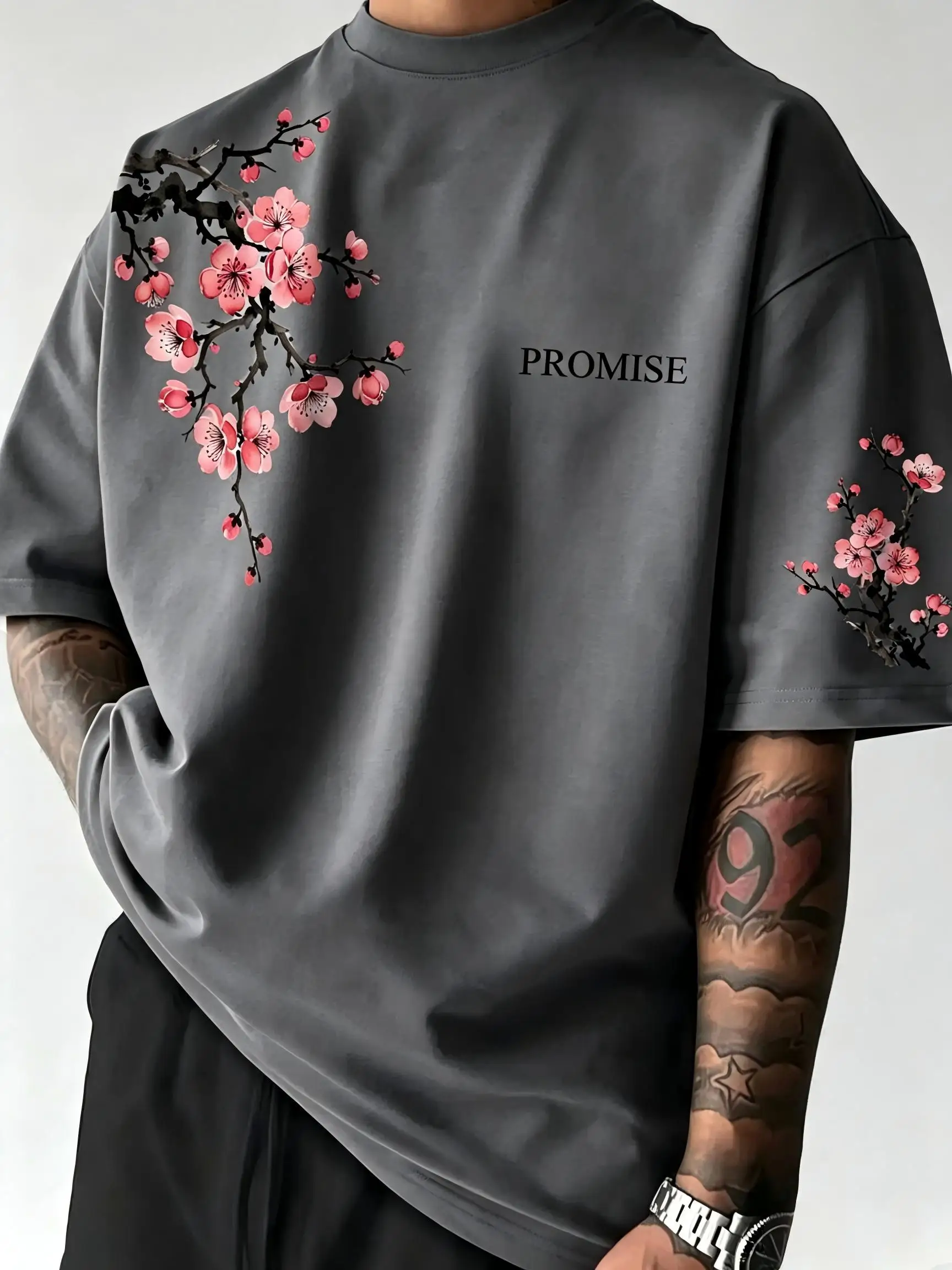 Summer Men's New Sakura Branch Letter Printed Comfortable and Breathable Round Neck T-shirt Outdoor Urban Casual Top