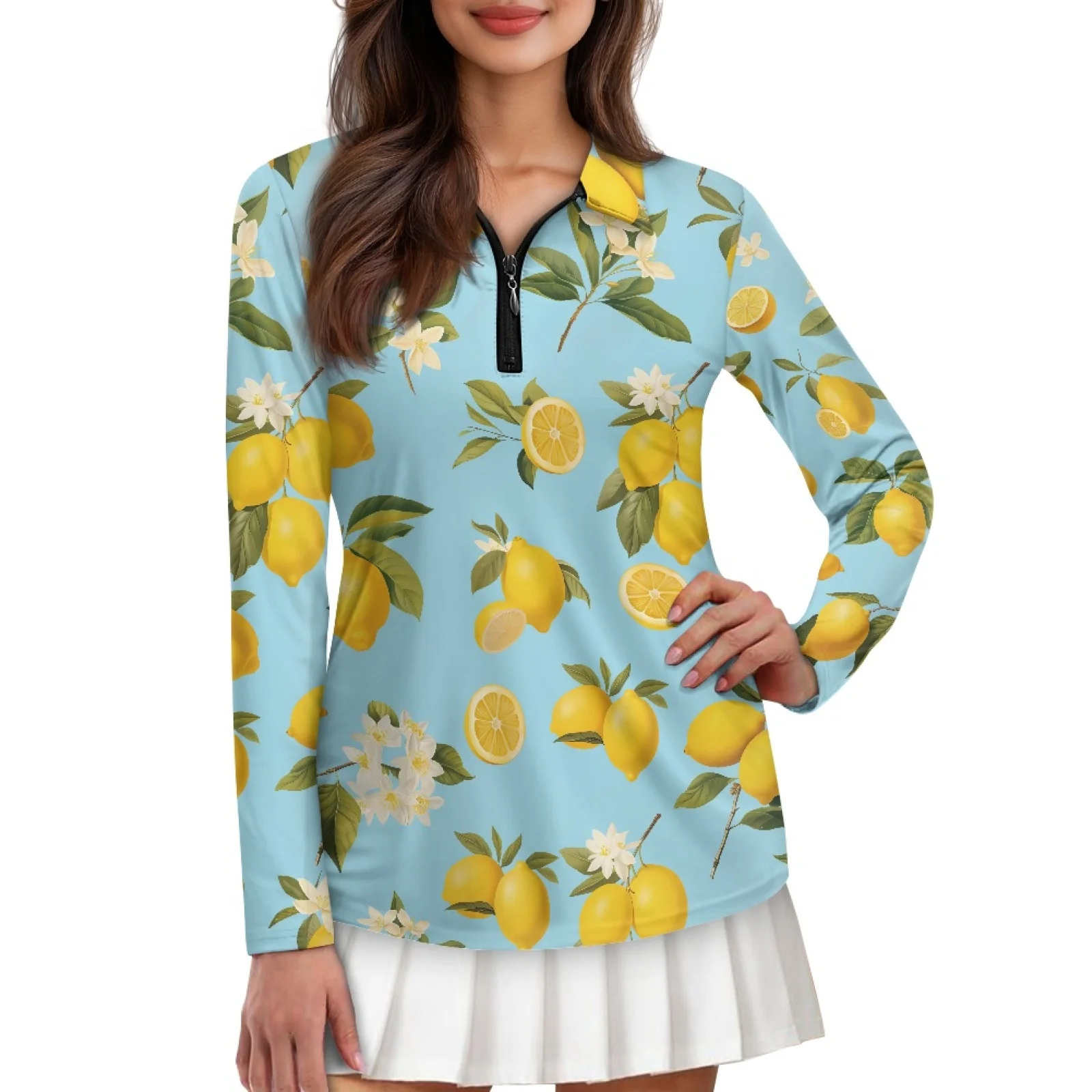 PENSTROLL Lemon Print Womens Soft Golf Shirts Quarter Zip Zip Polo Tennis Top for Tennis Training