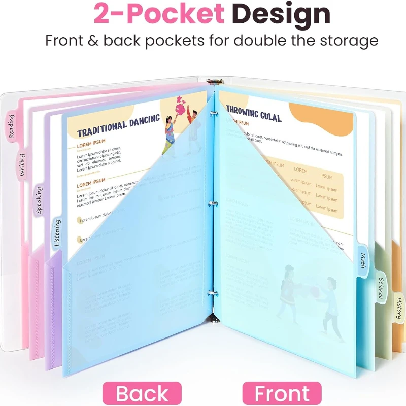 

2/6-Pack Double Pocket Binder Dividers, Suitable for 3-Ring Binder Organizers, US Letter Size Plastic Protective Sheets