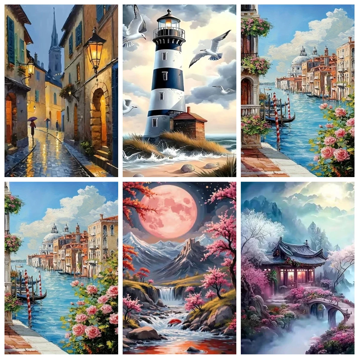 Ölgemälde nach Zahlen Stadtstraßen-Landschaftsbild Personalisierte Geschenke Haus Natur 5D DIY Geschenk Dekorative Gemälde