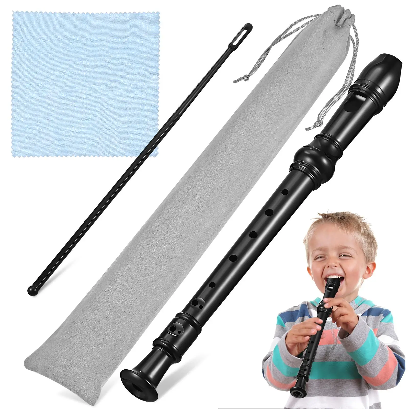 

8 Hole Recorder Set Black Flute Cleaning Rod Cloth Sheet Music Flannel Bag Soprano Musical Instruments Beginner Students Kids