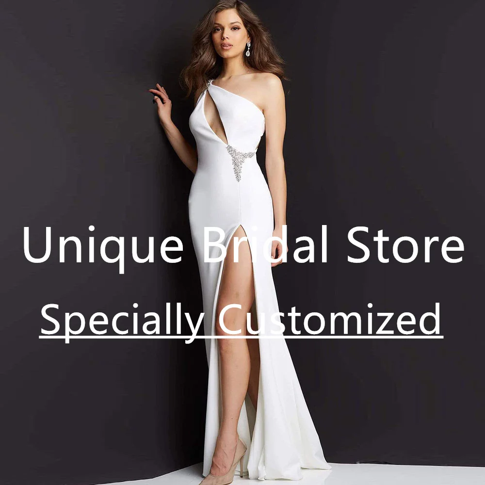 

Vintage Jersey Mermaid Bridal Gown One Shoulder Crystal High Split Back Zipper Sleeveless Sexy Floor Length Vestido De Noiva
