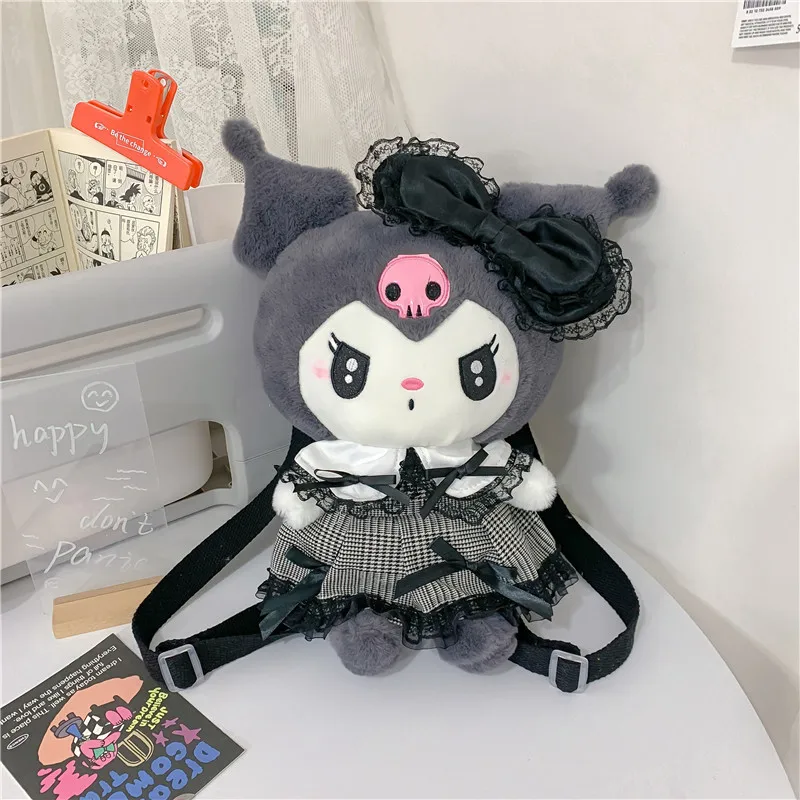 Sanrio Kuromi Melody Plush Doll Backpack New Cute Skirt Kuromi Doll Bag Cartoon Soft Bag Girl Lolita Cosplay Backpack Toy Gift ﻿