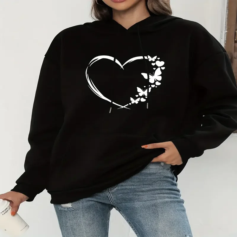 

Vintage Hoodie Womens Heart And Butterfly Print Comfortable Drawstring Sweatshirt With Kangaroo Pocket For Casual Chic Style