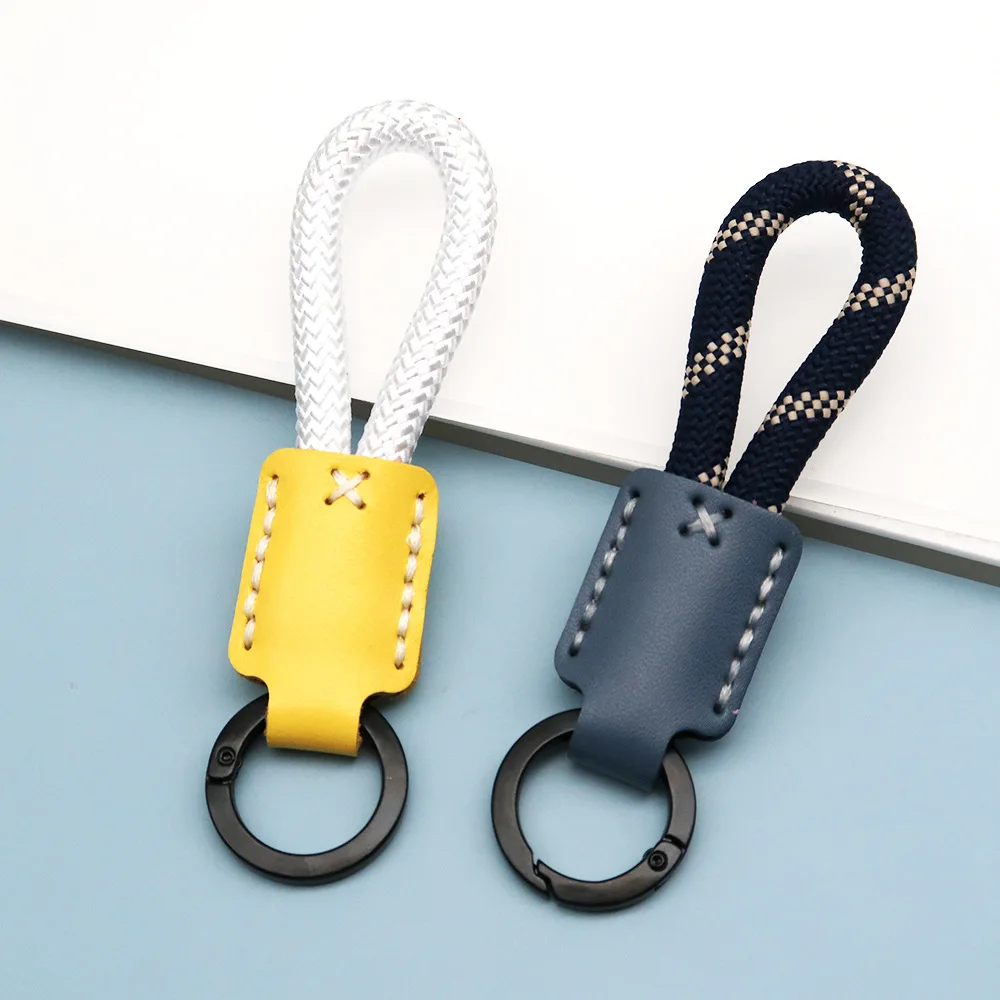 Handmade Cowhide Keychain with Woven Rope, Creative Gift