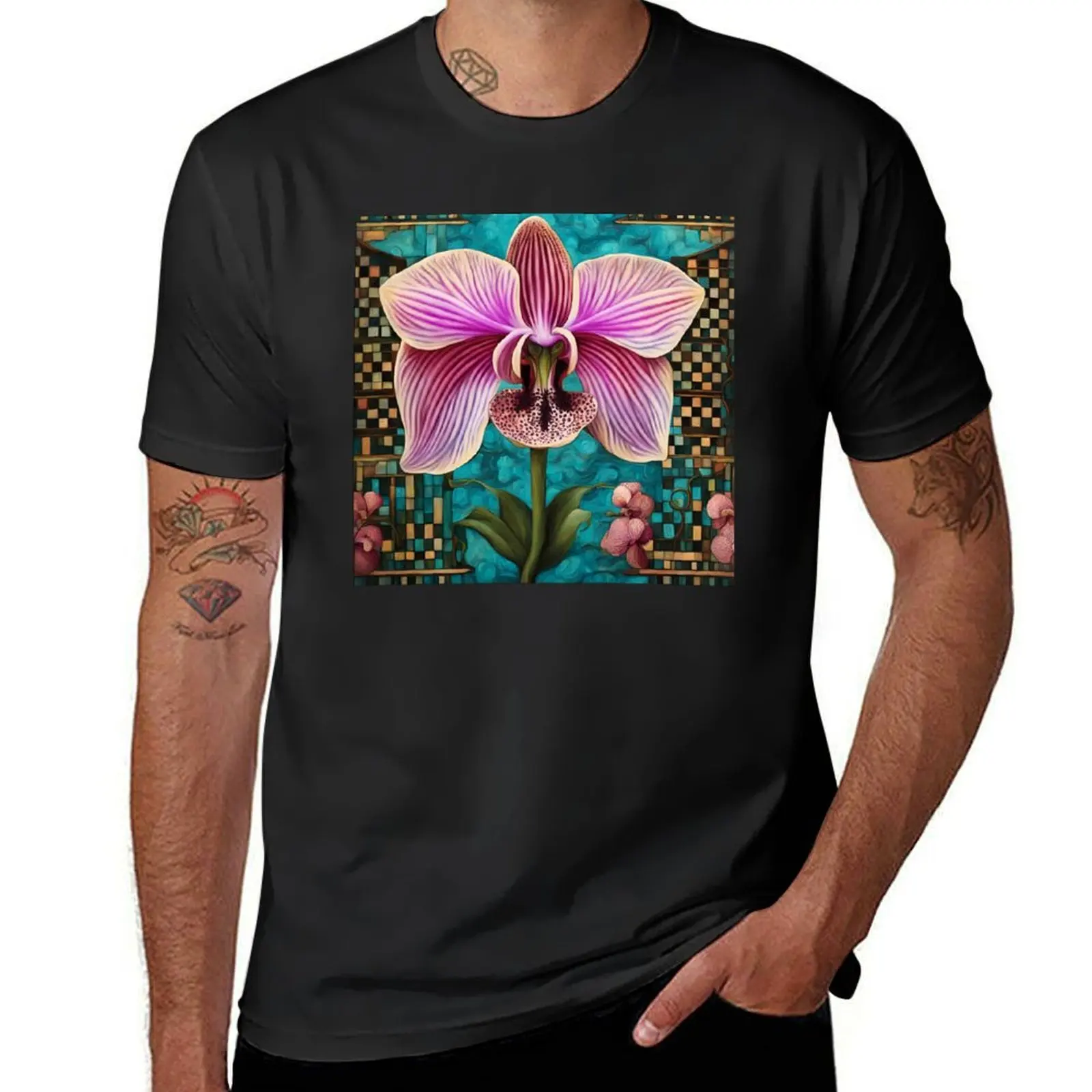 Hermosa orquídea en un fondo de tablero de ajedrez en Tonos turquesa y rosa. Camiseta de gran tamaño para hombre, camisa nueva edición