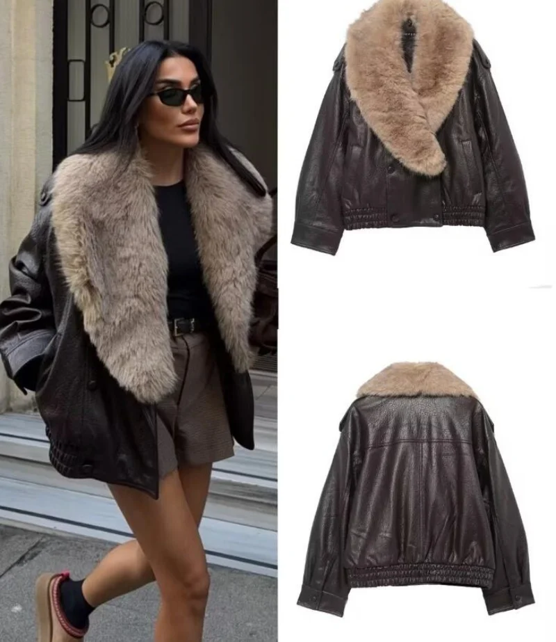 Winter Women Loose Faux Leather Jacket Fashion Removed Big Fur Collar Causal Coat High Street Double Breasted Outwear