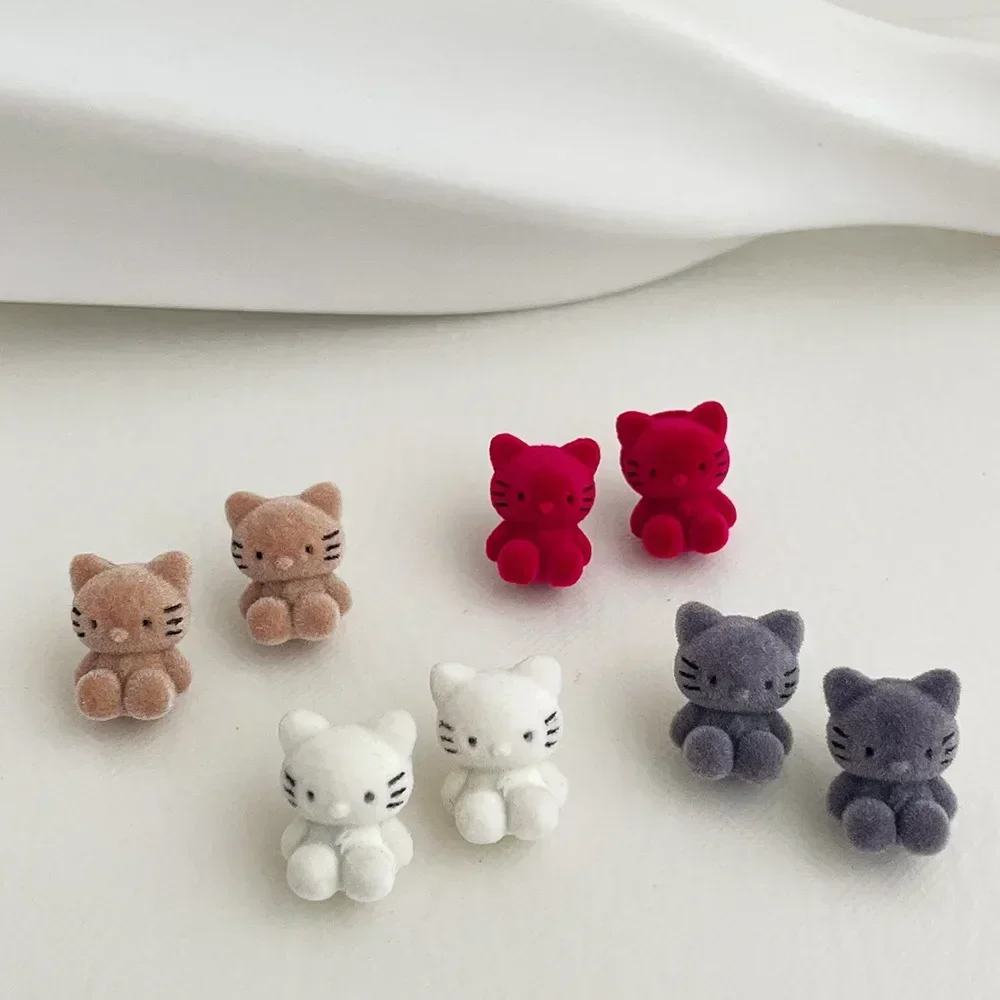 New Cute Flocking Plush Cat Earring Japan Korea for Women Girls Little Bear Velvet Cartoon Earrings Party Jewelry Gifts