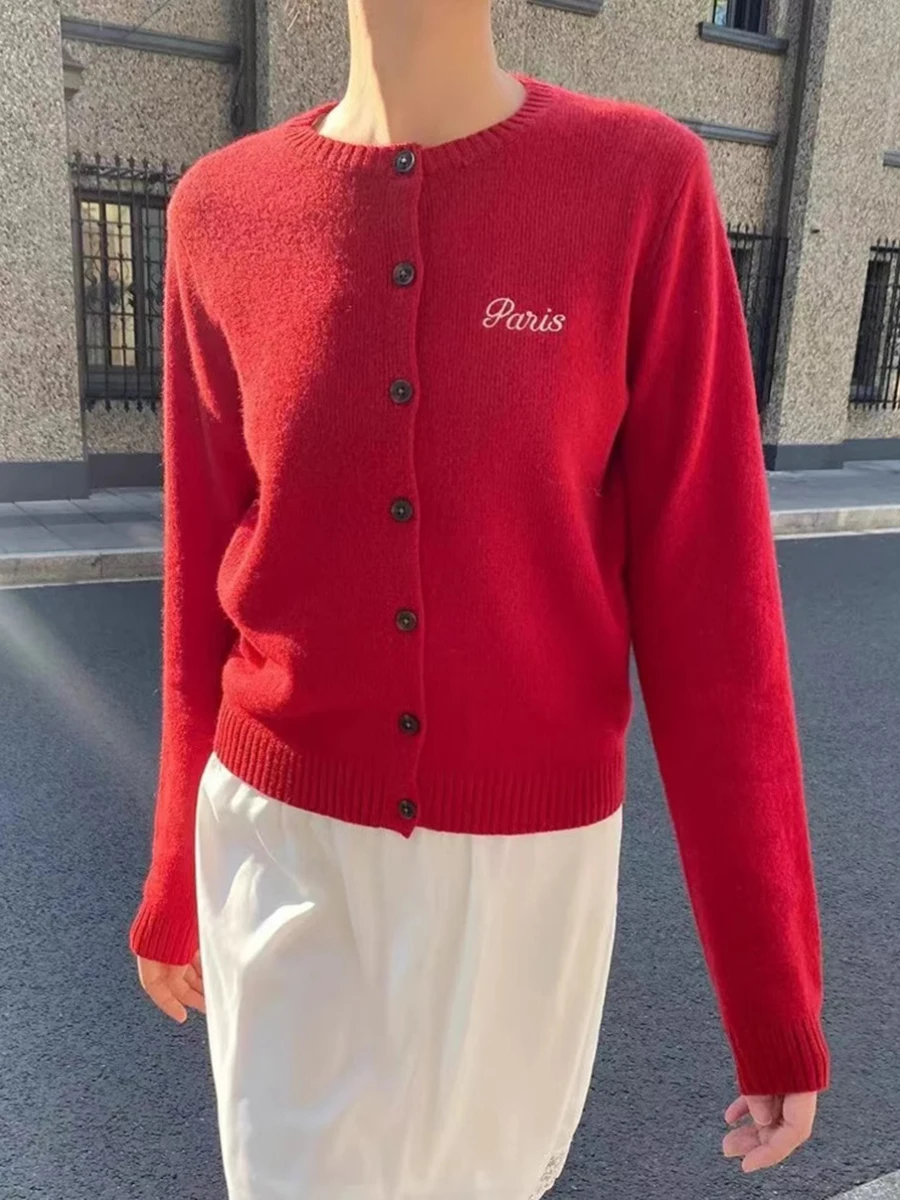 

Red Letter Knit Sweater Cardigan Autumn Round Neck Single Breasted Cotton Knitwear Casual Vintage Simple Solid Sweaters Coat Y2k