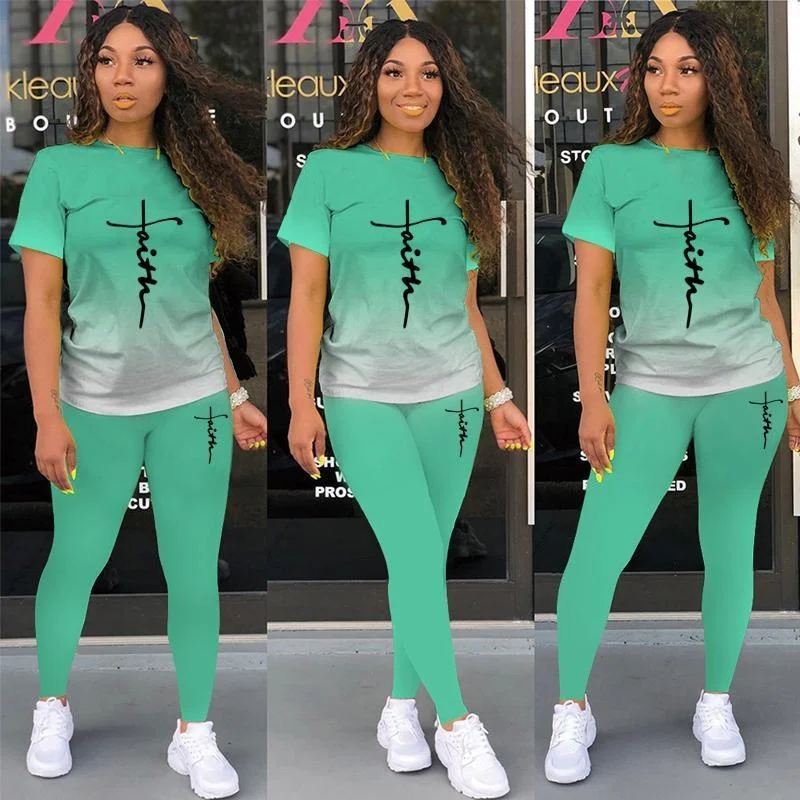 Summer Women's Fitness Sets Short Sleeve T Shirt + Pant Women's Fashion Gradient Printed Graphic Tracksuit Casual Sportwear