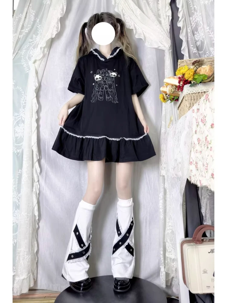 Japanese Girls Kawaii Short Dress Summer 2025 New Student Sweet Cool Cartoon Print Long Hooded T-shirt Shorts 2-piece Streetwear