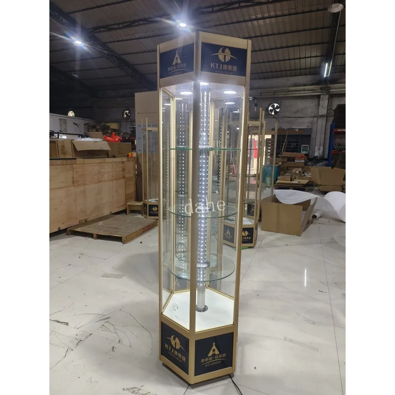 Custom. fully assembled aluminum frame glass display cabinet watches sunglasses show hexagonal tempered glass rotating show