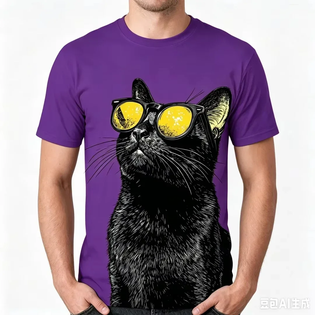 Stylish Black Cat Graphic T Shirt for Men Summer Colorful Casual O-Neck Tee Funny Animal Print Short Sleeve Tops Man Streetwear