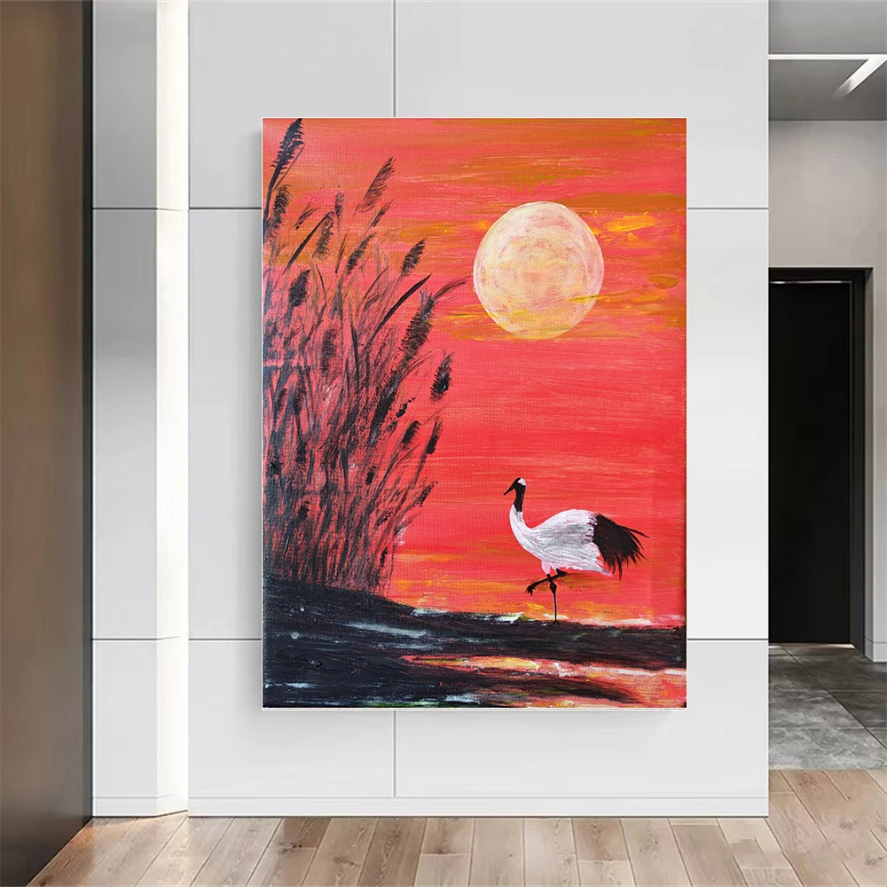 

Hand-Painted Painting Of Sunset Scenery With a Red Crowned Crane, Decoration Hanging In The Living Room, Painting Canvas Wall A