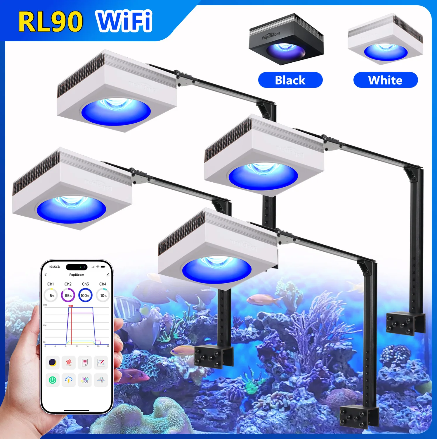 PopBloom 4PCS RL90 Reef LED Light, 400W Reef Aquarium Lighting for 72 inch 6ft Soft/LPS Corals and Saltwater Fish Tanks, Built-in Timer Marine Fish Tank Lamp