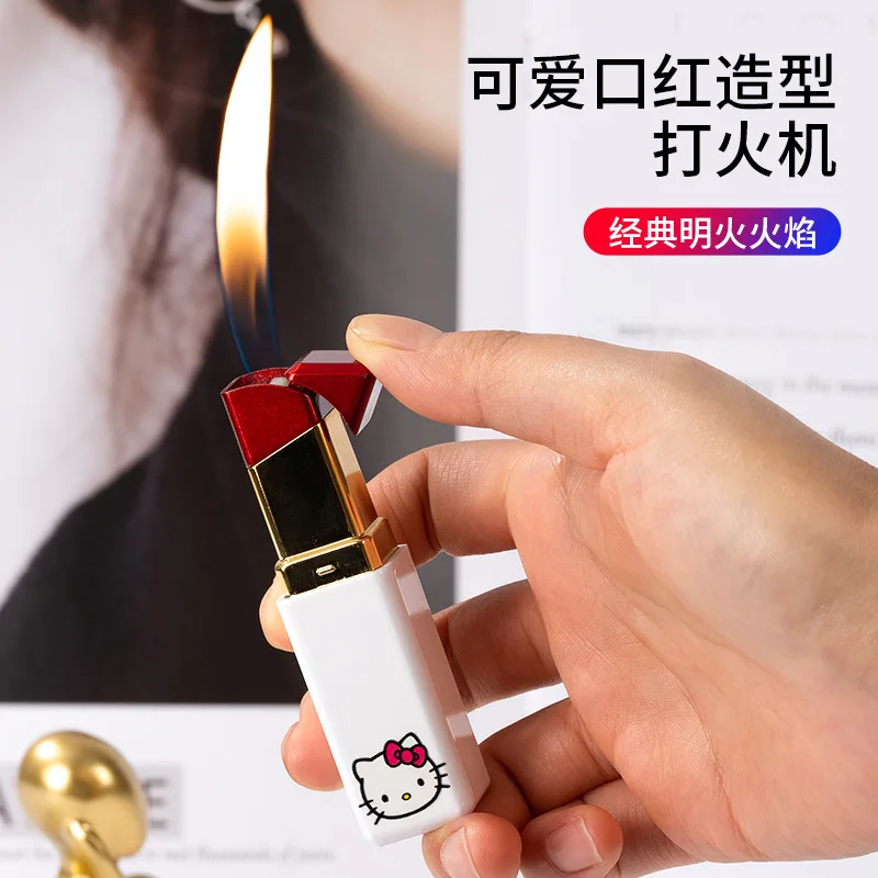 New Sanrio Hello Kitty Kuromi Cinnamoroll Lipstick Cigarette Lighter Creative Kawaii Windproof Pink Flame Lighter Boyfriend Gift