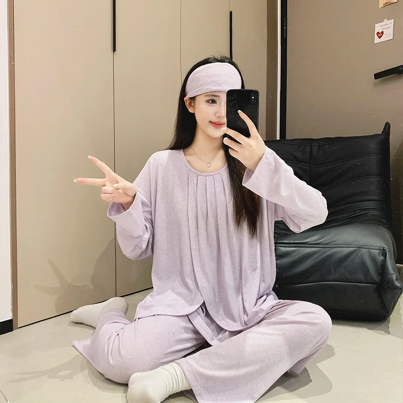 

Women's Maternity Nursing Pajamas Set Summer Thin Breastfeeding Sleepwear Double Layer Long Sleeve Top & Trousers Nursing Pjs