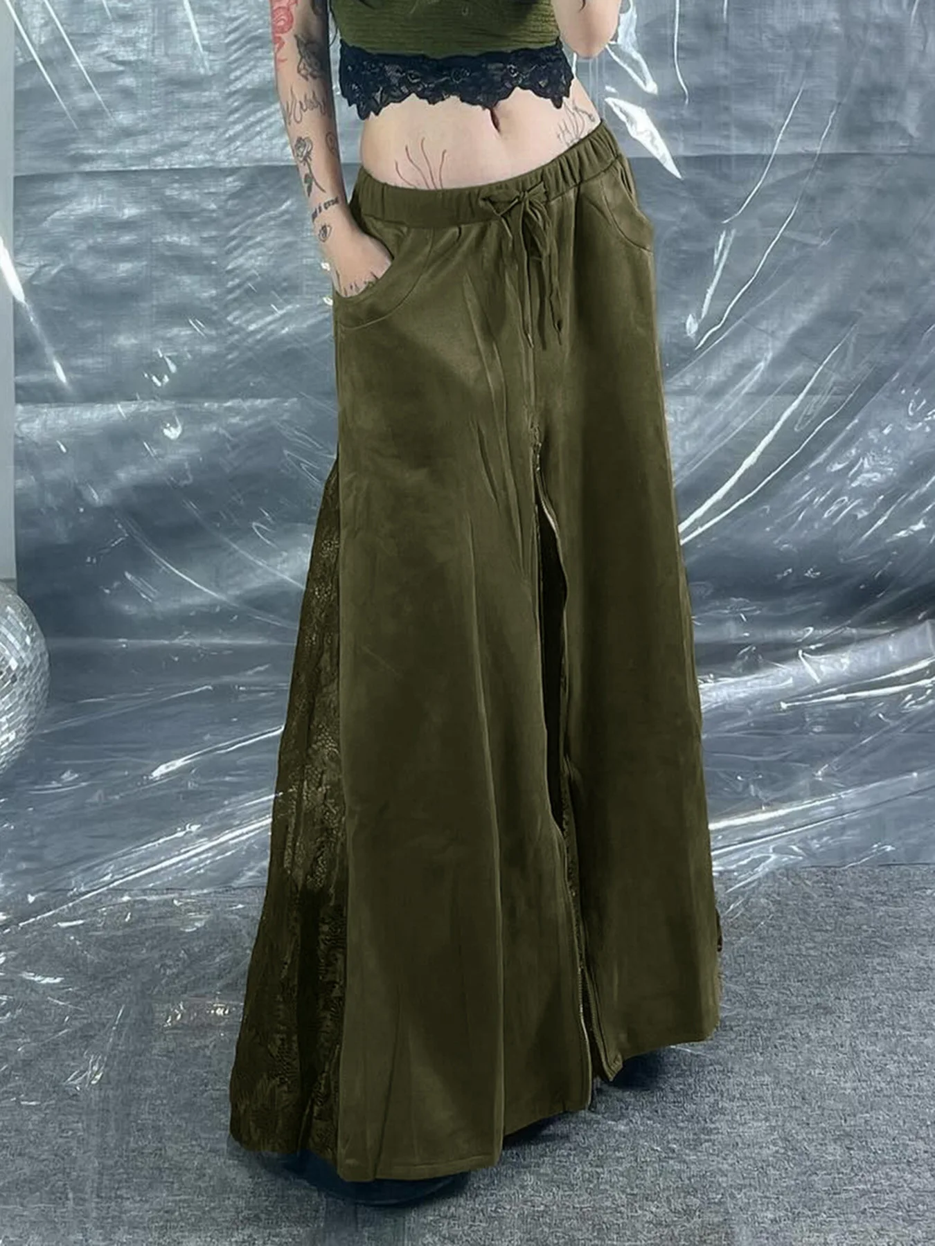 Goth Dark 90s Vintage Lace Patchwork Hem Zip Long Skirt Y2K Chic Drawstring Pocket A-line Skirts Women Grunge Streetwear