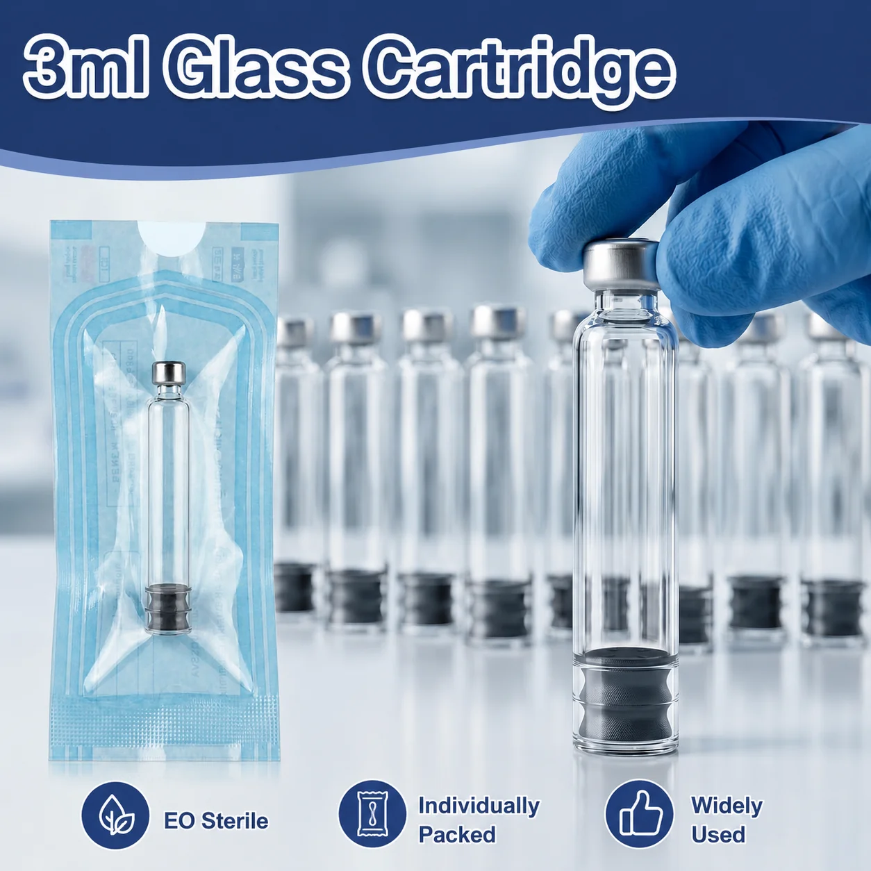 100Pack 3ml Clear Casstle Bottle Sterile insulin Pen Glass Cartridges with 11mm Rubber Stopper Water-Resistant Empty Packaging
