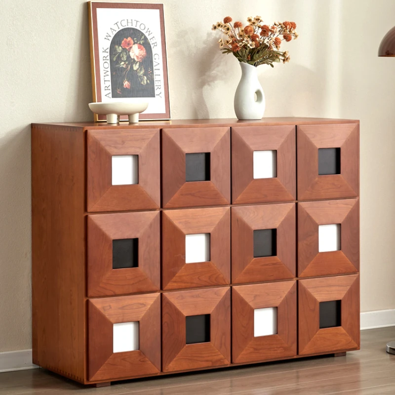 

Medieval solid wood 12 cupboards retro MCM black and white lattice cherry wood large-capacity bedroom lockers teak storage