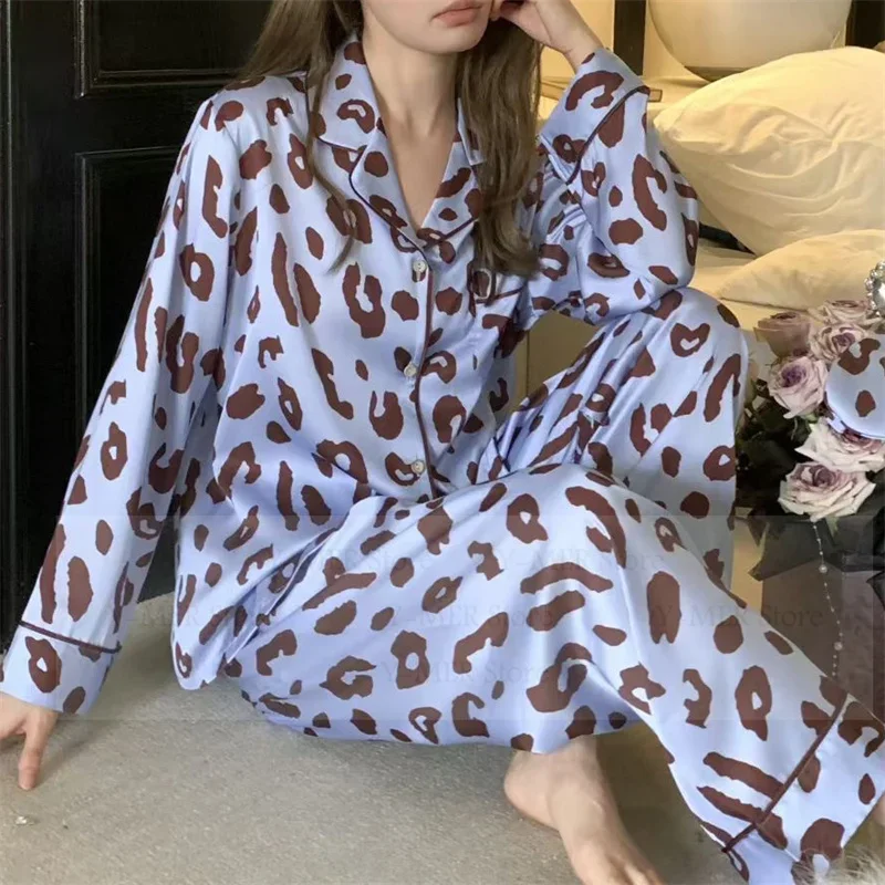 

Ice Silk Top Pant Women Sleepwear Leopard Print Nightwear Pijama Suit 2Pcs Long Sleeve Pijama Mujer Loungewear Home Clothes