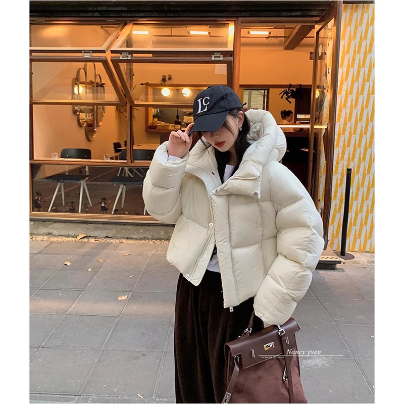 2024 Winter Women Jacket Short Hooded Down Jacket  Coat Korean Fashion Thick Warm Parkas Loose White Duck Pink Outwear