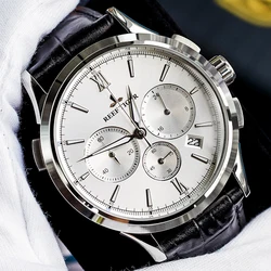 Reef Tiger/RT Luminous Watch Men Luxury Watch White Dial Date Steel Watch Chronograph Quartz Leather Strap RGA1669